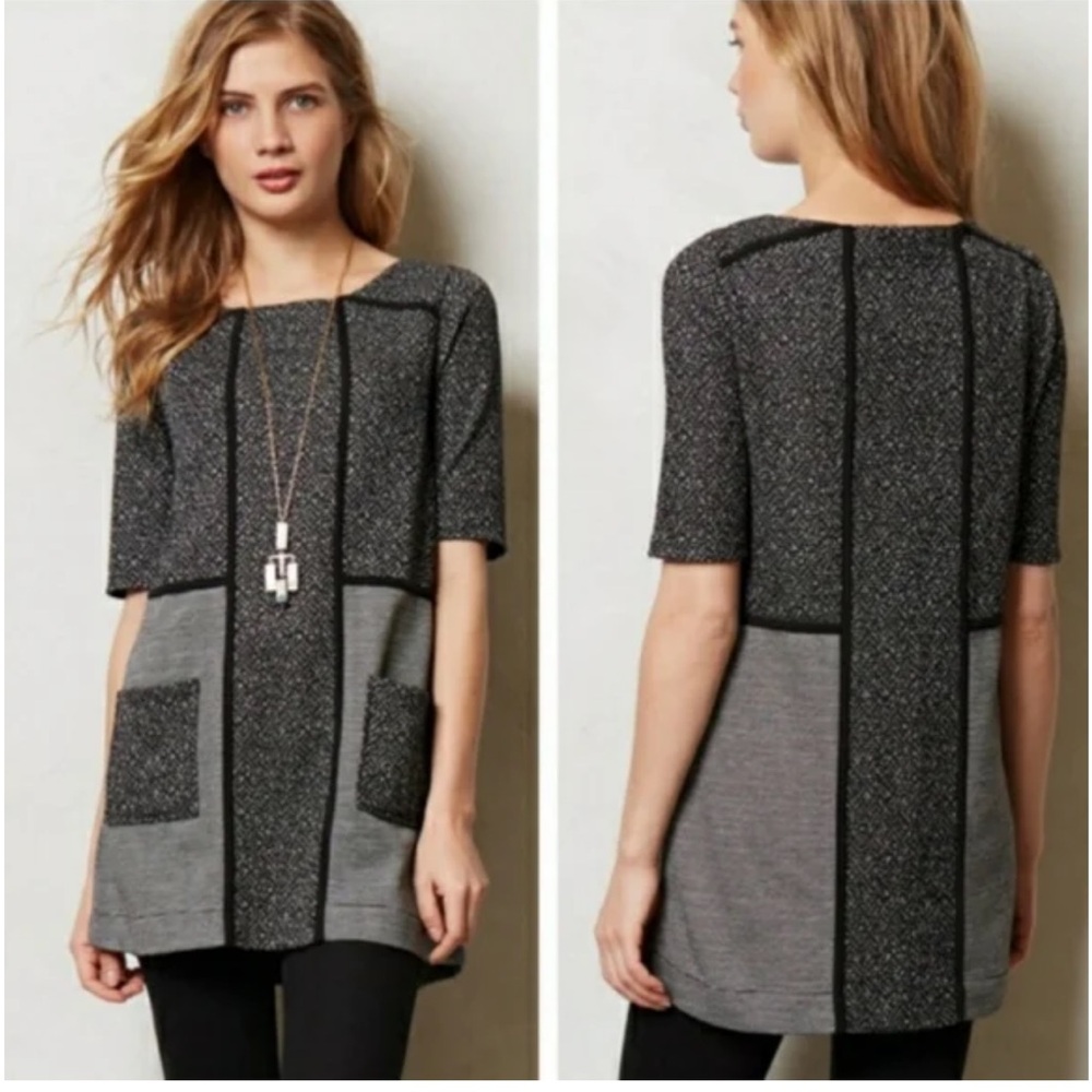 ANTHROPOLOGIE Meadow‎ Rue Mitzie Black Short Sleeves Short Tunic Dress Size S